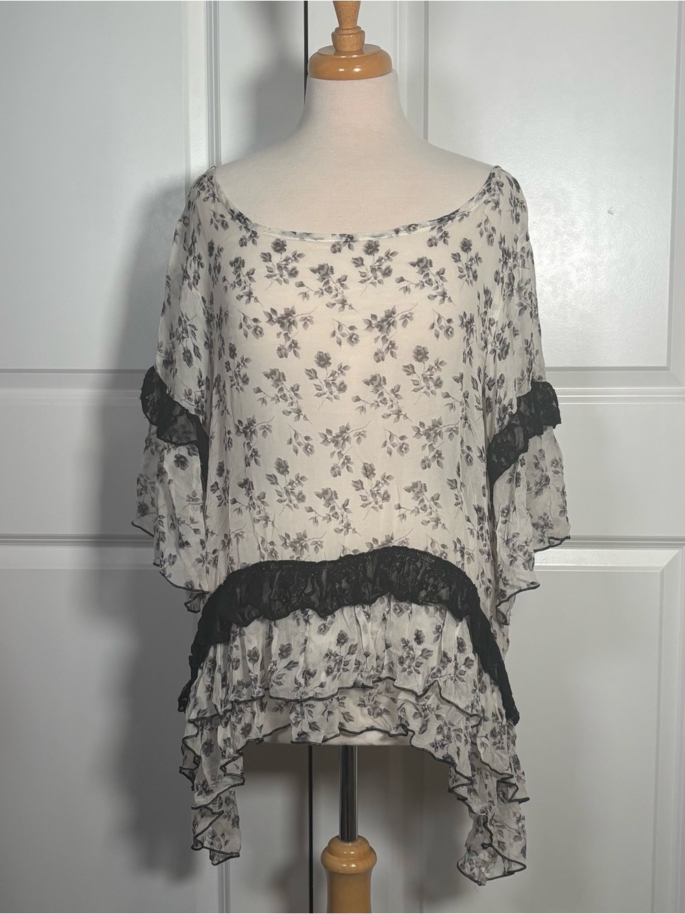 Marrika Nakk Sheer White Floral Ruffle Blouse with Black Lace